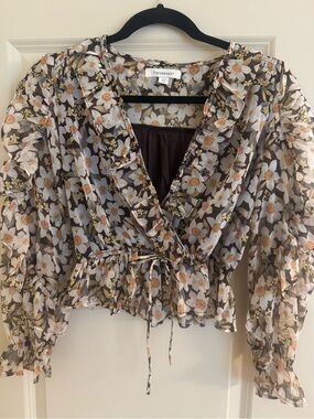 Francesca's Collections Brown Multi Floral Ruffle Wrap Blouse